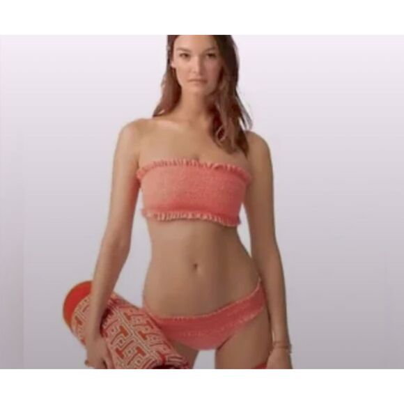 Tory Burch Blushing Pink Ditsy Leaf Bandeau Bikini Top M - Picture 1 of 4